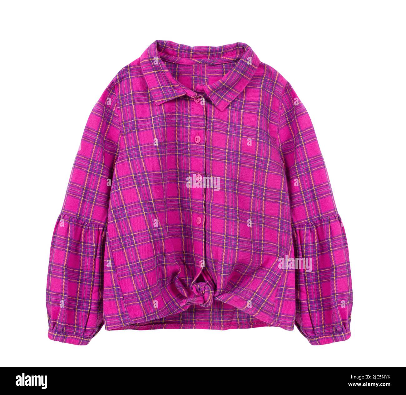 Chemise d'enfant à carreaux roses isolée sur blanc.Haut à manches longues.T-shirt mode pour enfants.objet vêtements mode. Banque D'Images