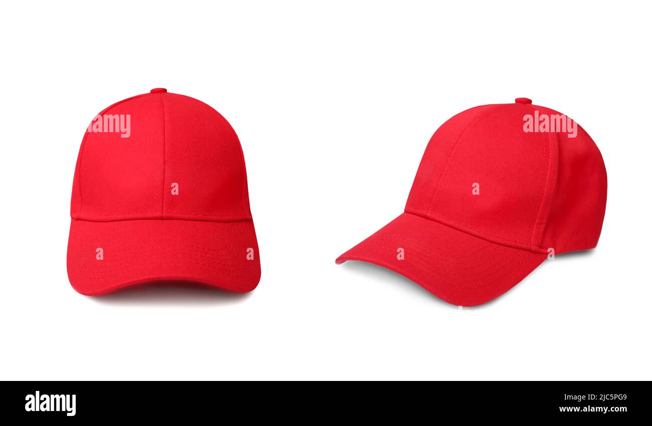 Capuchon rouge isolé sur blanc. Ensemble bonnet de sport. Uniforme de baseball, aceessory. Banque D'Images