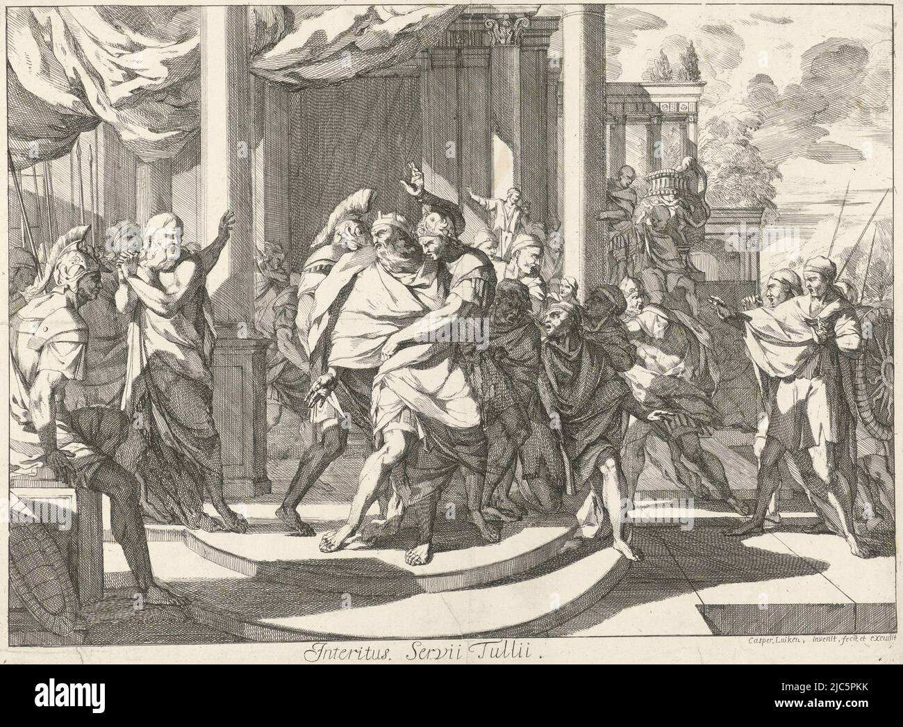Servius Tullius, roi de Rome, assassina Interitus. Servii Tullii , imprimerie: Caspar Luyken, (mentionné sur l'objet), Caspar Luyken, (mentionné sur l'objet), éditeur: Caspar Luyken, (mentionné sur l'objet), 1698 - 1708, papier, gravure, h 290 mm × l 398 mm Banque D'Images