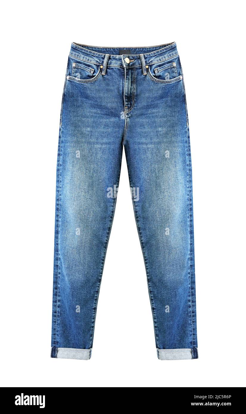 Jean bleu isolé sur blanc, découpe pour pantalons pour femmes.vêtements de mode. Banque D'Images