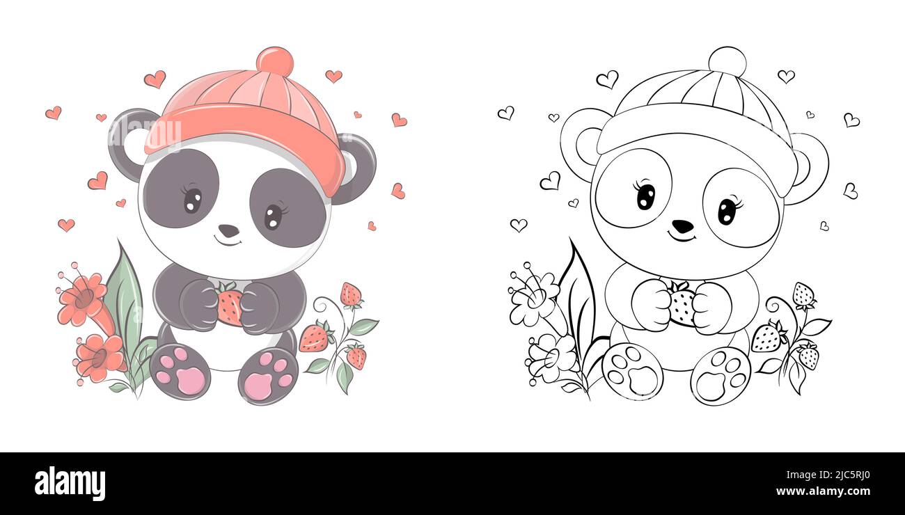 Clipart Panda multicolore et noir et blanc. Joli panda clip Art avec fraise. Illustration vectorielle d'un animal pour autocollants, douche de bébé Illustration de Vecteur