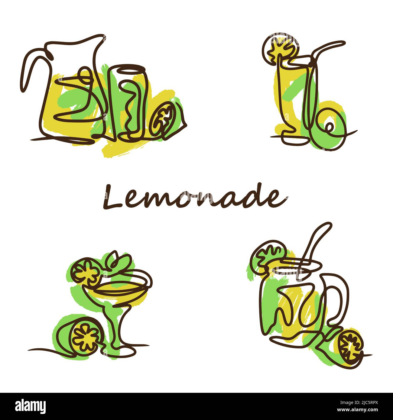 Ensemble de limonade à l'aigre-douce, boisson d'été. Ensemble vectoriel de citrons jaunes avec verres et un carafe avec jus de fruits Illustration de Vecteur