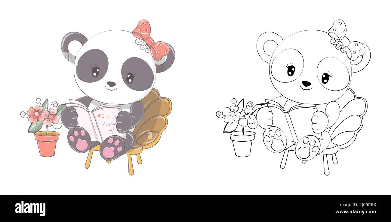 Jolie Panda Clipart Illustration et Noir et blanc. Funny clip Art Panda lit un livre. Illustration vectorielle d'un animal pour colorier des pages, des autocollants Illustration de Vecteur