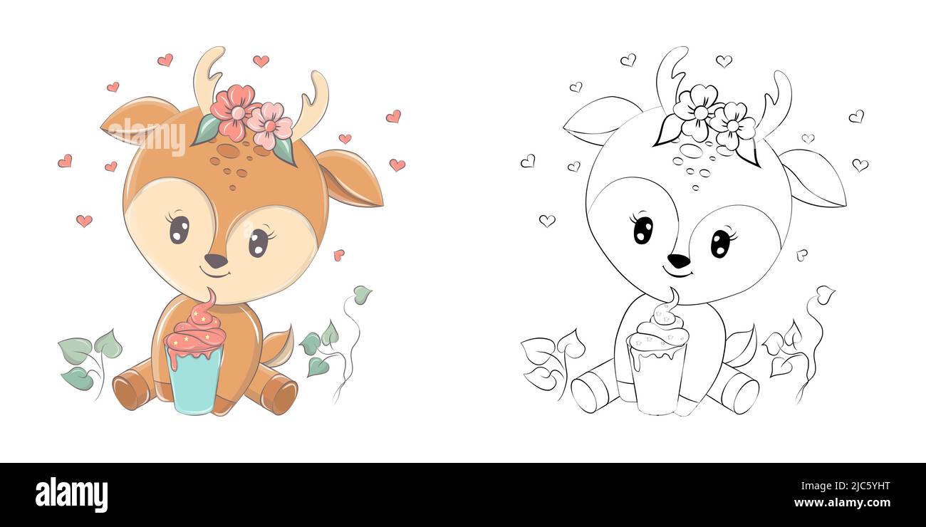 Deer Clipart multicolore et noir et blanc. Magnifique clip Art Deer avec Milkshake. Illustration vectorielle d'un animal pour les imprimés pour les vêtements Illustration de Vecteur