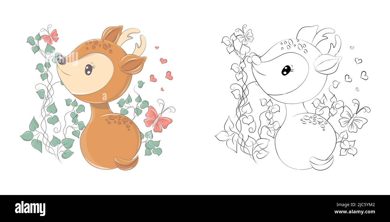 Deer Clipart pour coloriage page et Illustration multicolore. Bébé clip Art Deer sur le fond des feuilles. Illustration vectorielle d'un animal pour Illustration de Vecteur