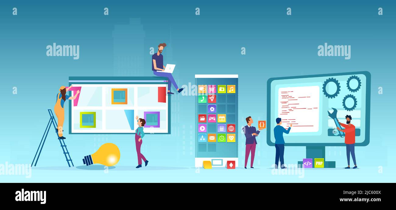 Vecteur de programmeurs hommes et femmes concevant une application web et mobile Illustration de Vecteur