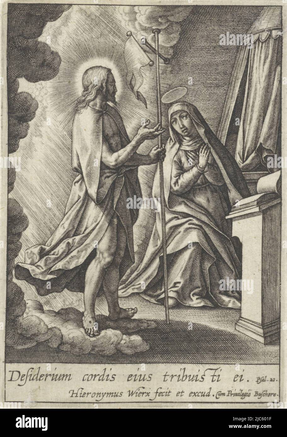 Christ apparaît à sa mère Marie après sa mort. Il est entouré de nuages et tient une équipe croisée avec bannière en main. Marie s'agenouille dans la prière à son lutrin. Dans la marge une citation de la Bible de PS. 20 en latin, Christ apparaît à Marie, imprimeur: Hieronymus Wierix, (mentionné sur l'objet), éditeur: Hieronymus Wierix, (mentionné sur l'objet), Joachim de Buschere, (Mentionné sur l'objet), Anvers, 1563 - avant 1619, papier, gravure, h 89 mm × l 62 mm Banque D'Images