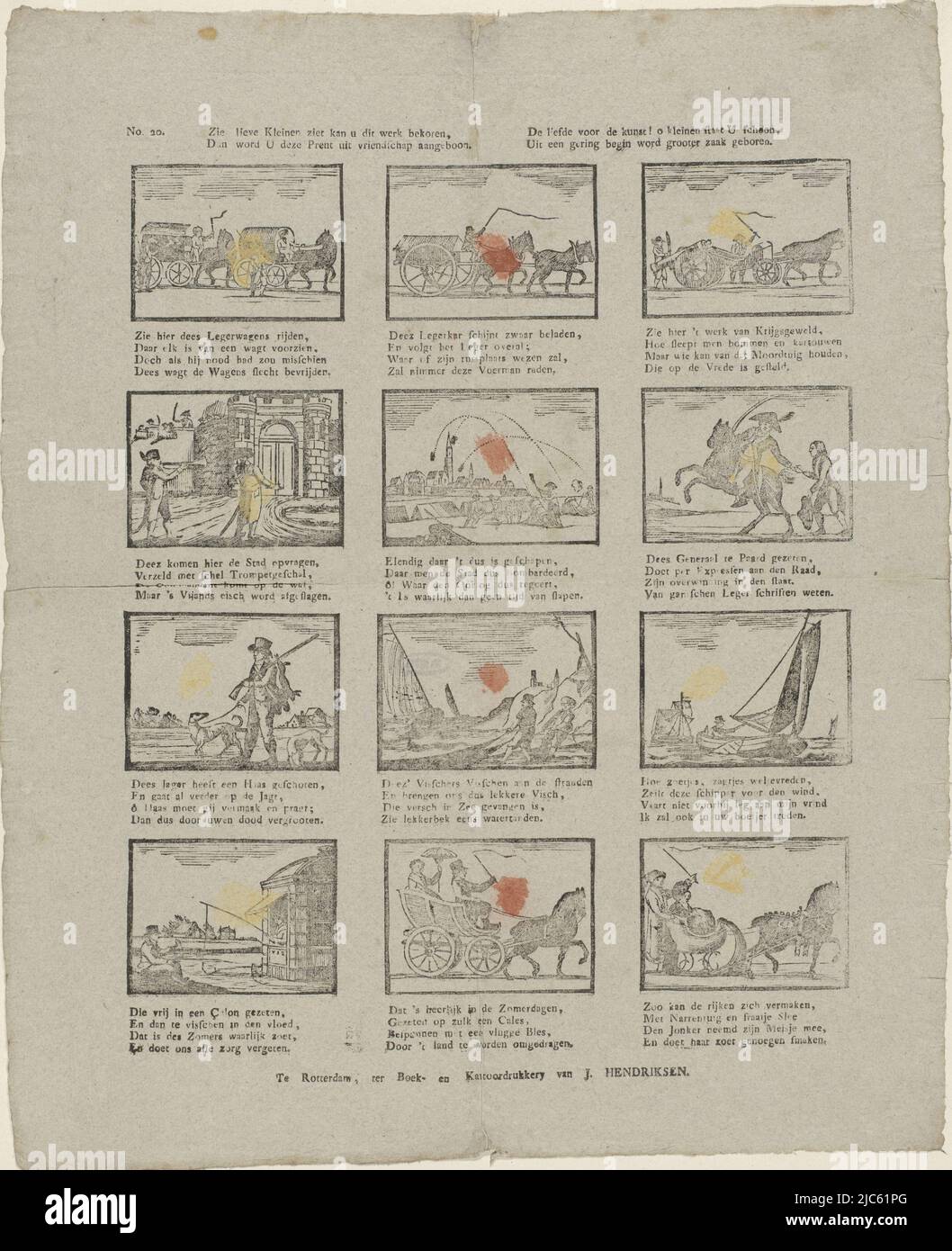 Feuille avec 12 représentations de véhicules, de chasseurs et de pêcheurs. Au-dessous de chaque image, un verset à quatre lignes. Numéroté en haut à gauche: N° 20., Voir chers petits, si vous aimez ce travail, / alors vous serez offert cette impression d'amitié. / L'amour de l'art, Oh peu un, vous tient en bonne place, / d'un petit commencement, de grandes choses naissent., éditeur: Jan Hendriksen, (mentionné sur l'objet), imprimeur: Anonyme, Rotterdam, 1781 - 1828, papier, impression typographique, h 397 mm × l 316 mm Banque D'Images