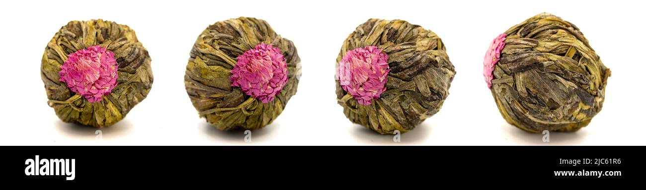 Boules de thé Jasmine isolées sur fond blanc. Thé en fleurs ou en fleurs. Gros plan Banque D'Images