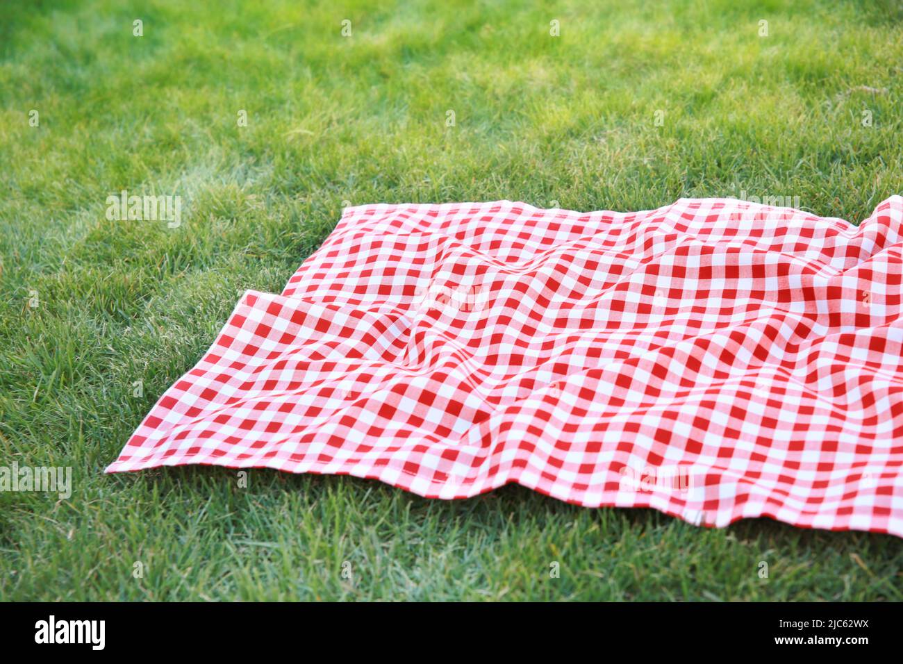 Serviette en tissu rouge pique-nique sur l'herbe verte, nappe Vichy extérieure à carreaux sur le sol espace de copie vide. Serviette à carreaux design publicitaire de nourriture. Banque D'Images