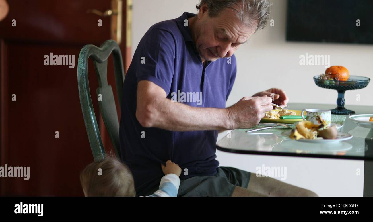 Ambiance familiale décontractée et décontractée, bébé tenant dans une chaise de grand-père à la table du petit-déjeuner du matin, grande-mère interagissant avec un tout-petit Banque D'Images