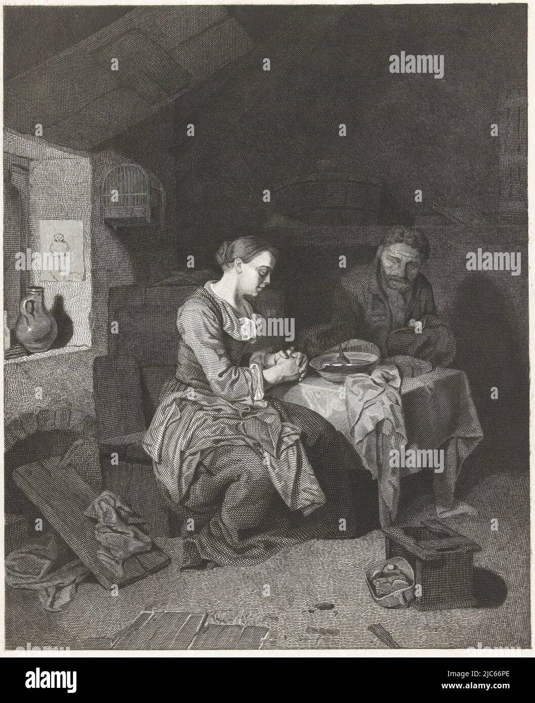 Intérieur d'un ménage paysan pauvre. Un vieil homme et une jeune femme sont assis à la table. Les deux ont les yeux fermés et les mains repliées dans la prière. Sur la table se trouve une grande assiette de soupe ou de porridge, une hunk de pain et un peu de beurre. La pièce est désordonnée. Sur le sol, il y a un banc cassé et un pot à feu cassé. Sur le rebord de la fenêtre une carafe et une empreinte d'un singe., prière avant un repas, imprimeur: Friedrich Wilhelm Burmeister, après: Cornelis Pietersz. Bega, 1855 - 1915 et/ou 1869, papier, gravure, h 431 mm × l 339 mm Banque D'Images