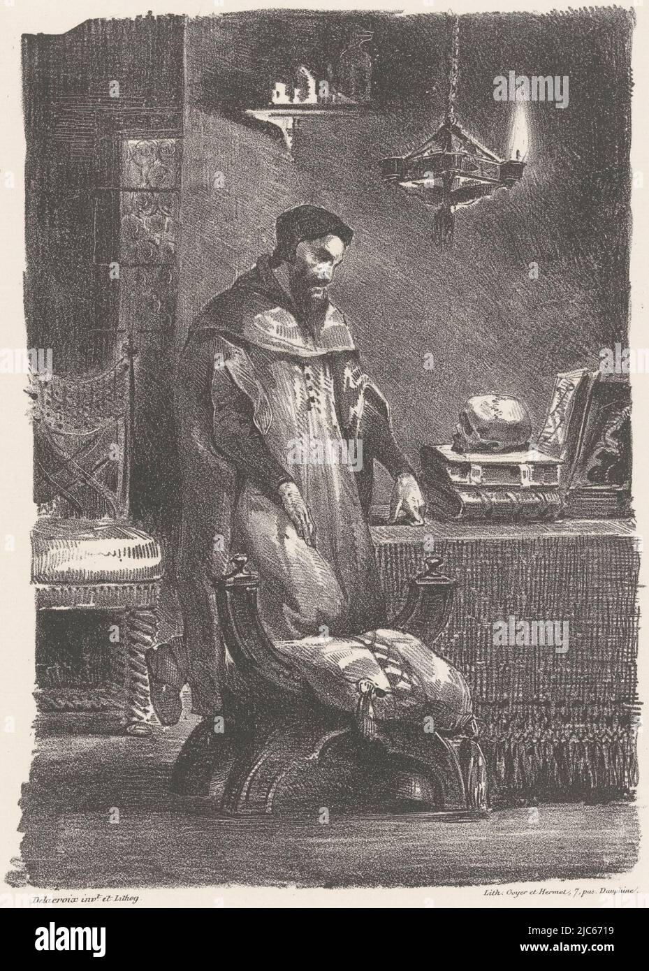Faust dans son étude Pauvre crâne vide, que me Veux-tu dire avec ton grincement hideux? Faust (titre de la série) Faust, tragédie de M. de Goethe (titre de la série), imprimerie: Eugène Delacroix, (mentionné sur l'objet), imprimeur: Charles Etienne Pierre Motte, imprimeur: Goyer & Hermet, (mentionné sur l'objet), Paris, 1828, papier, h 485 mm × l 320 mm Banque D'Images