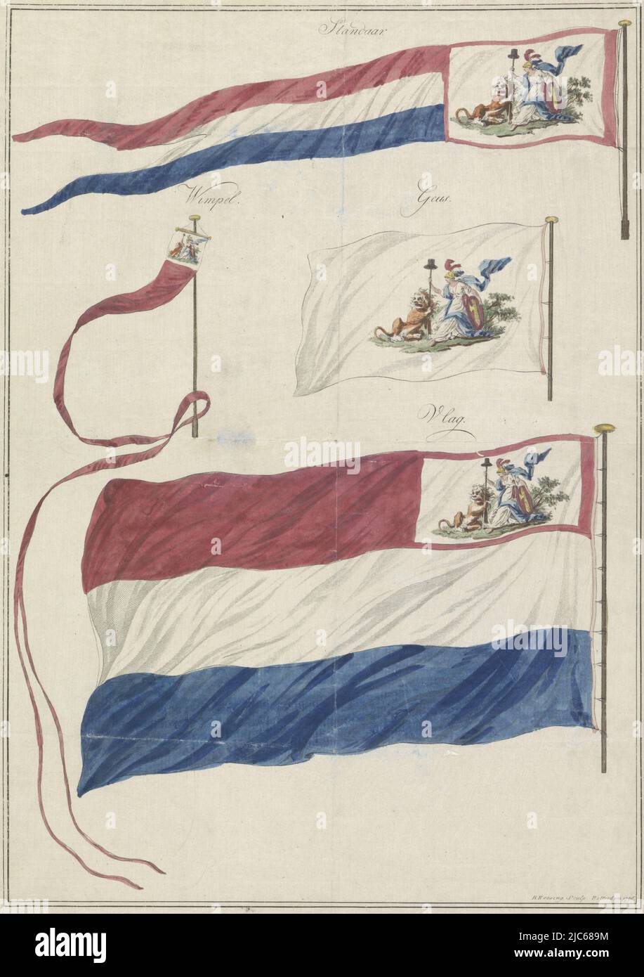 Quatre variantes du nouveau drapeau de la Marine de la République de Batave, introduit 1 mars 1796. Les différentes apparences sont: Standard, pennant, geus et drapeau. Le drapeau de la Marine se distingue par l'ajout d'un emblème allégorique dans lequel la Vierge néerlandaise et le Lion hollandais tiennent ensemble une lance avec le chapeau de liberté., drapeaux de la Marine de la République de Batavian, 1796, imprimerie: Hendrik Roosing, (mentionné sur l'objet), Rotterdam, 1796, papier, gravure, gravure, h 434 mm × l 275 mm Banque D'Images