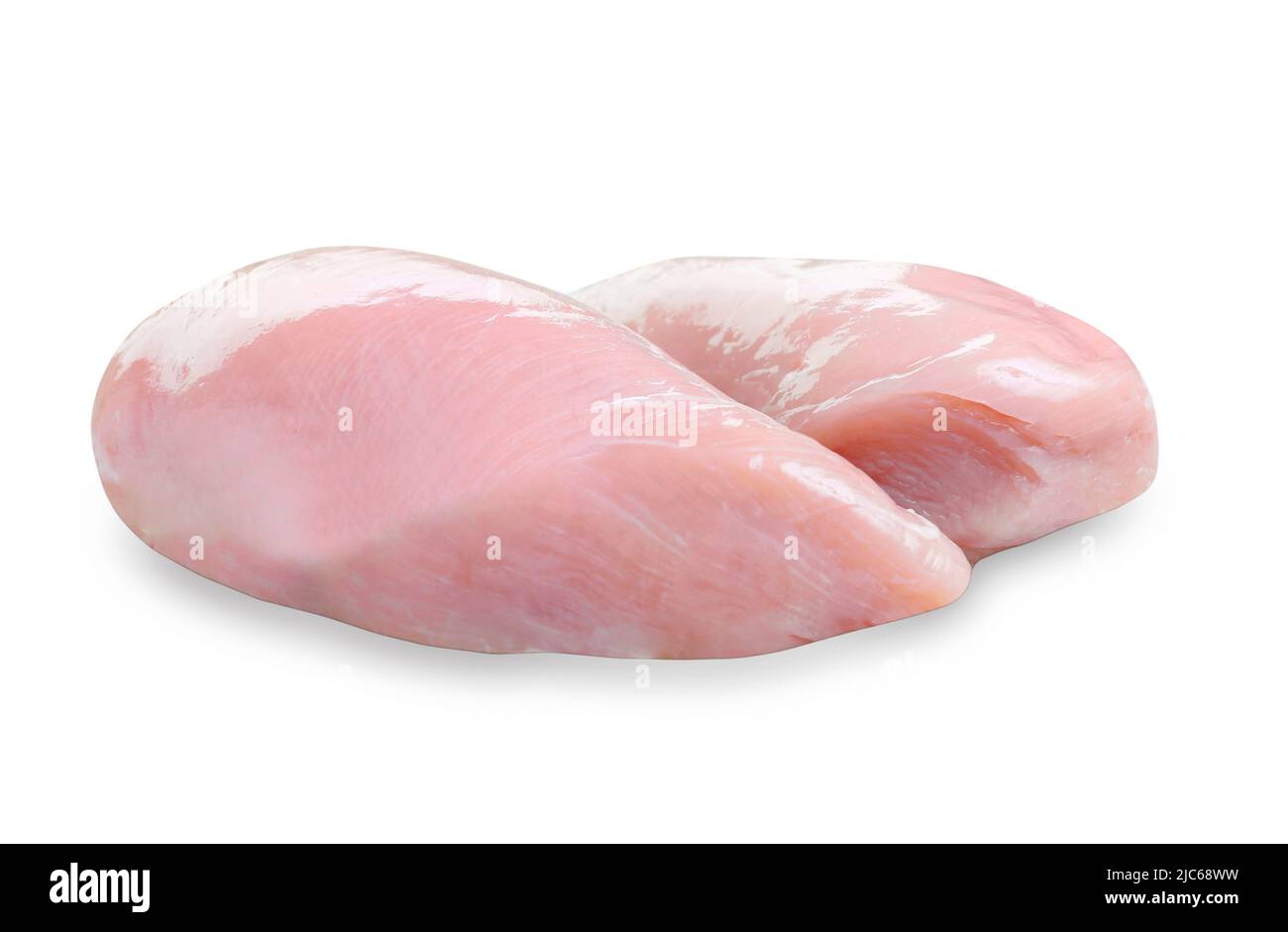 Filets de poulet isolés, filets de volaille gros plan sur fond blanc. Vue en studio de la poitrine de poule. Banque D'Images