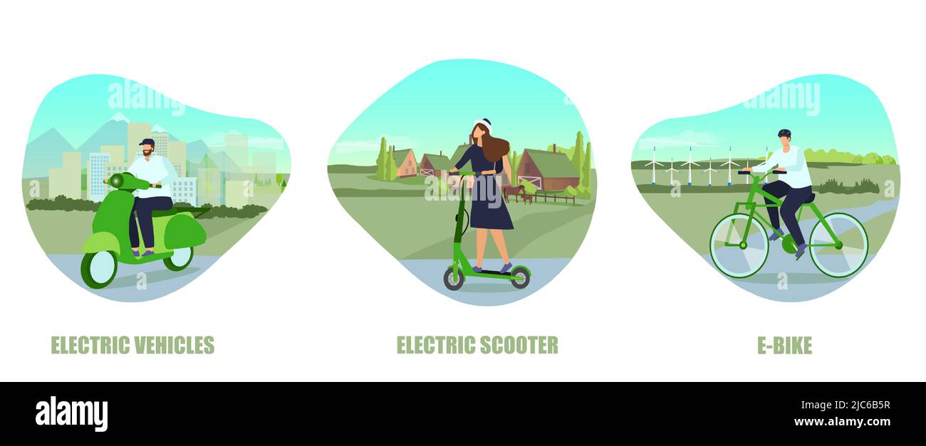 Vecteur de jeunes à cheval moderne éco ville sympathique moto électrique, e-bike et scooter. Illustration de Vecteur