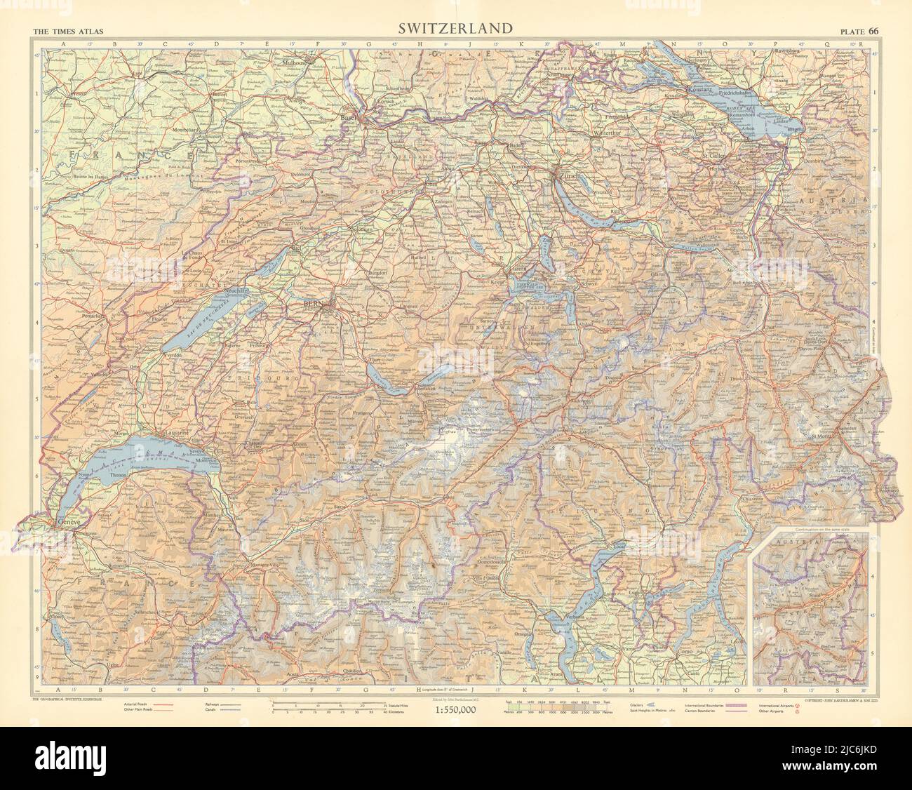 Suisse montrant des glaciers. TIMES 1955 carte ancienne carte plan Banque D'Images