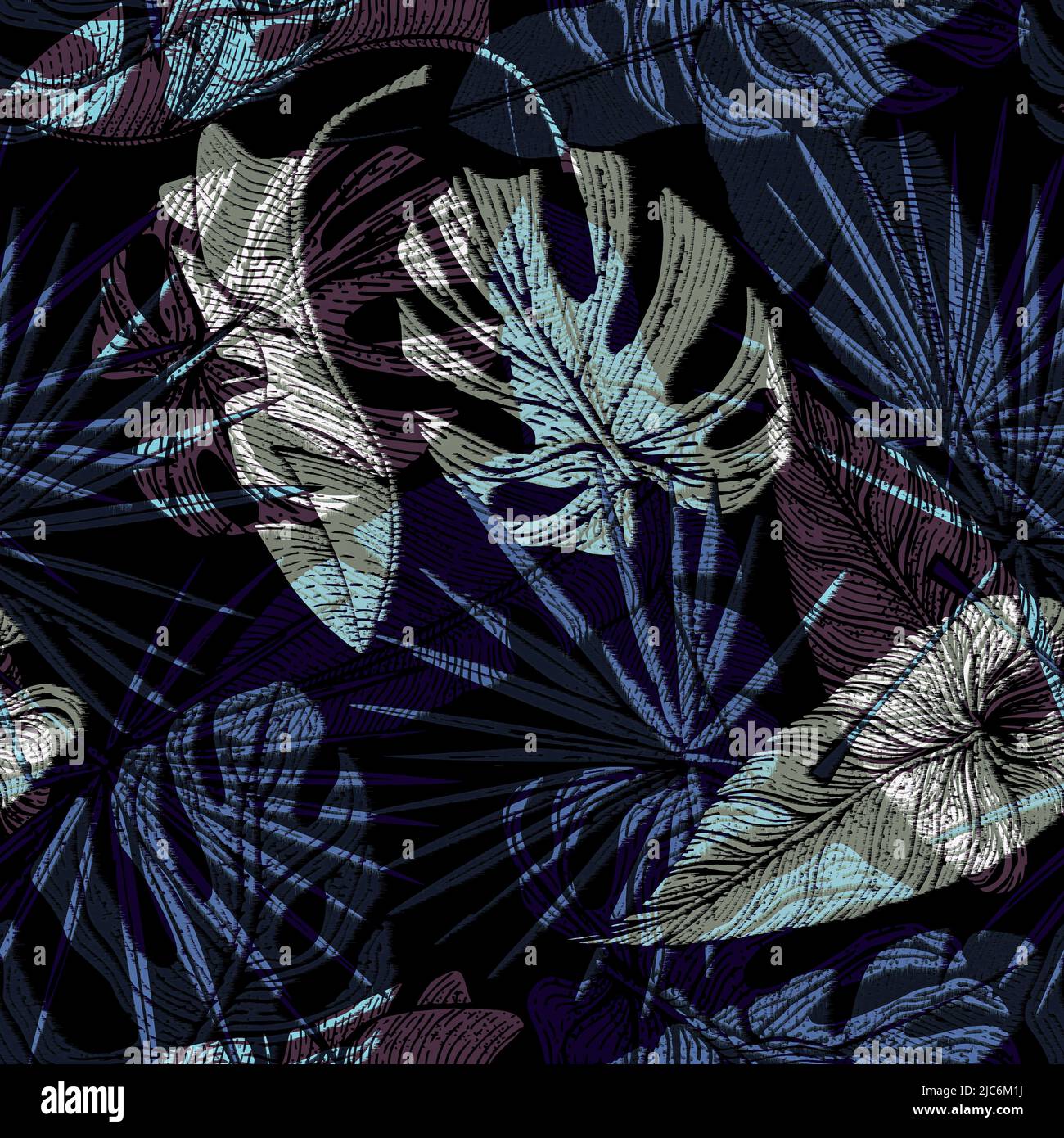 Nuit tropicale feuilles sans couture motif sur fond noir. Feuillage jungle vintage avec style gravure. Forêt tropicale abstraite. Texture exotique pour l'impression, Banque D'Images
