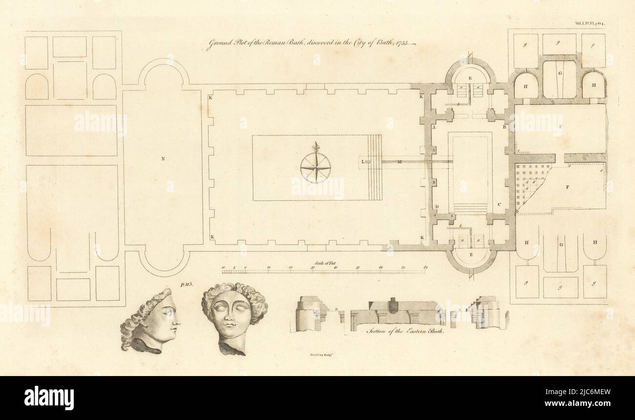 Terrain du bain romain à découvrir dans la ville de Bath 1755. CARTE CARY 1806 Banque D'Images