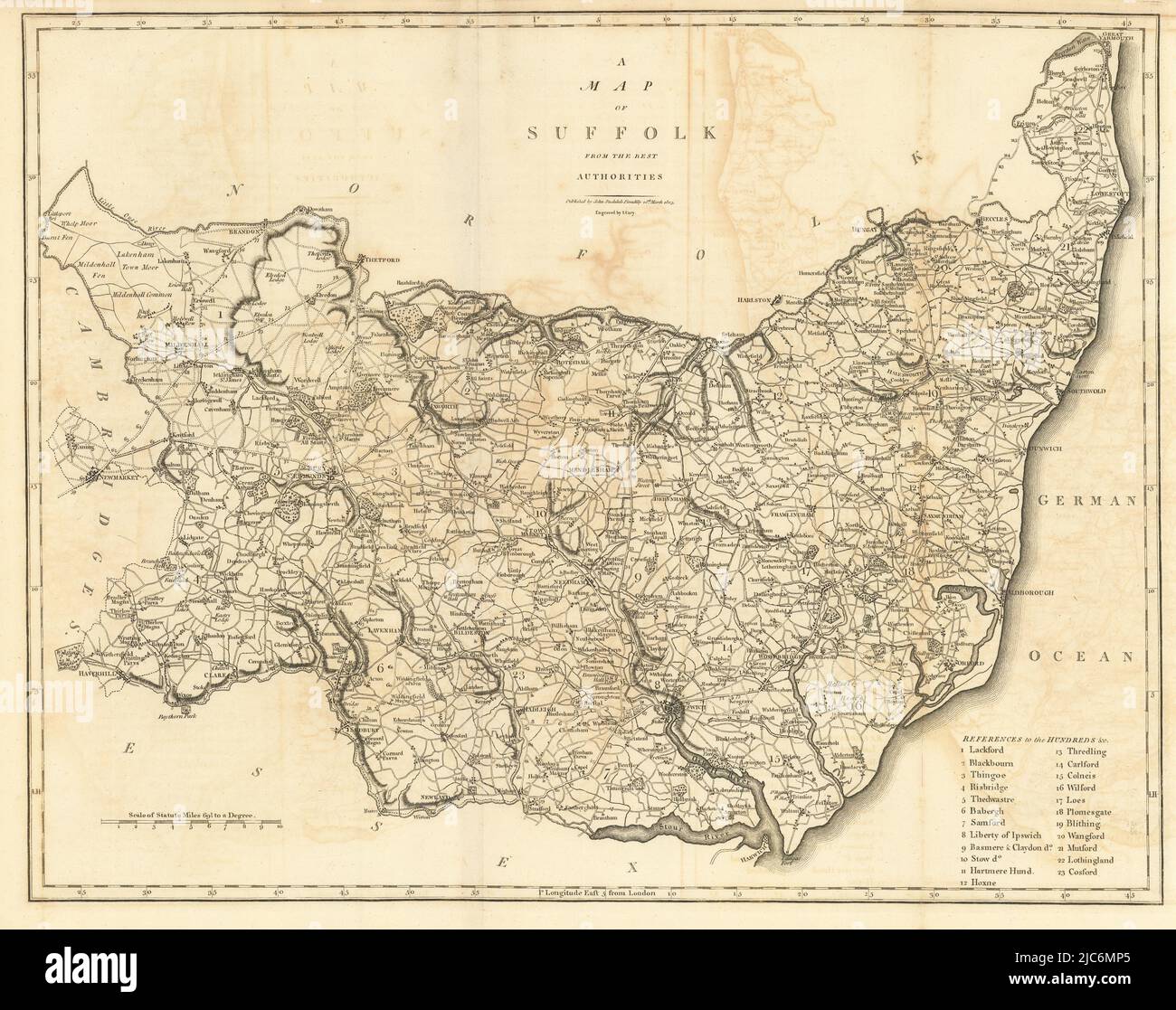 "Une carte du Suffolk des meilleures autorités". Carte du comté. CARY 1806 vieux Banque D'Images