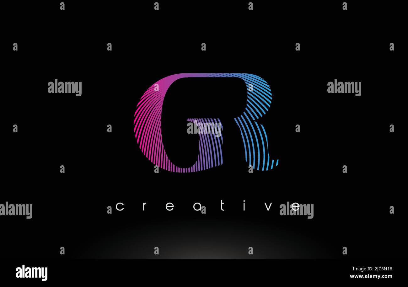 Logo GR avec plusieurs lignes. Illustration artistique élégante icône lignes bleues violettes. Illustration de Vecteur