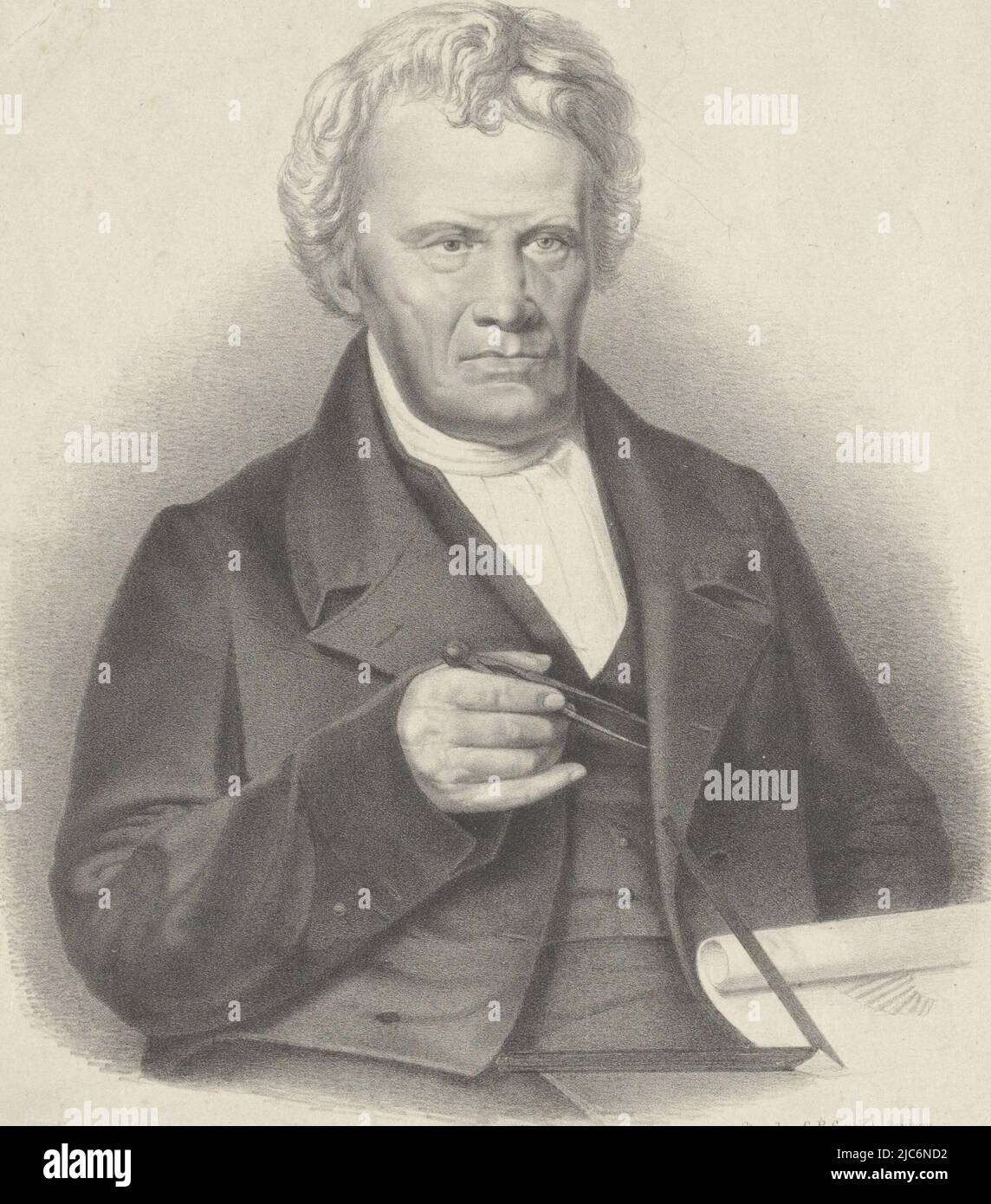 La personne représentée a une boussole dans sa main droite. En face de lui sur la table sont un dessin demi-roulé et un carré. Signature de l'homme au-dessous du portrait, Portrait de Gerrit van der Wielen, imprimeur: Maarten Bos Jz., (mentionné sur l'objet), imprimeur: Cornelis Philippus Groebel jr., (mentionné sur l'objet), imprimeur: Pays-Bas, imprimeur: Arnhem, 1861 - 1862, papier, h 354 mm × l 295 mm Banque D'Images