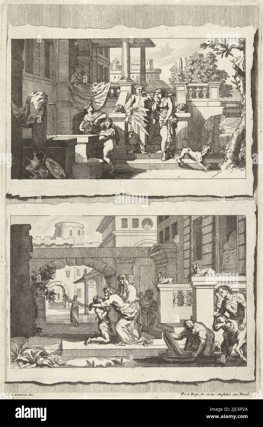Une impression avec deux représentations l'une en dessous de l'autre. Ci-dessus, l'expulsion de Hagar et de son fils Ismaël. Abraham envoie Hagar loin, un serviteur donne à Ismaël la nourriture à manger. A l'entrée de la maison, Sarah, la deuxième femme d'Abraham, se tient et regarde la scène. Au-dessous du retour du fils prodigue. Le fils prodigue s'agenouille devant son père qui le reçoit. Au premier plan à droite se trouvent les fils plus âgés au travail., expulsion de Hagar et Ismael et retour du fils prodigue, imprimerie: Pieter van den Berge, (mentionné sur l'objet), Gerard de Lairesse, (mentionné sur l'objet), éditeur Banque D'Images