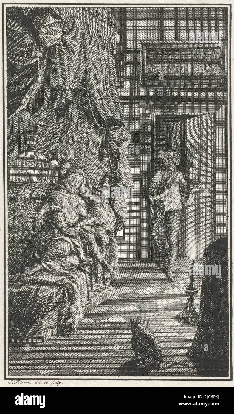 Un homme en vêtements de nuit entre dans une chambre à coucher peu éclairée. Surpris, il regarde un homme et une femme qui se sont mis en position contre le lit., l'homme saisit sa femme avec un amant, imprimeur: Jacob Folkema, (mentionné sur l'objet), dessinateur intermédiaire: Jacob Folkema, (mentionné sur l'objet), 1702 - 1767, papier, gravure, h 163 mm × l 107 mm Banque D'Images