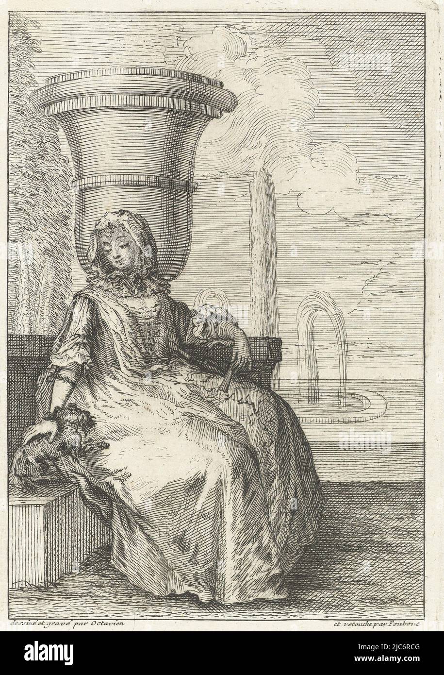 Mode et élégance: Française Fashions de la 1720s dame assise avec chien chiffres français (titre de la série) Figures Françoises (titre de la série), imprimerie: François Octavien, (mentionné sur objet), François Octavien, (mentionné sur objet), imprimerie: Quiryn Fonbonne, (mentionné sur objet), Paris, 1725, papier, gravure, gravure, h 159 mm × l 106 mm Banque D'Images