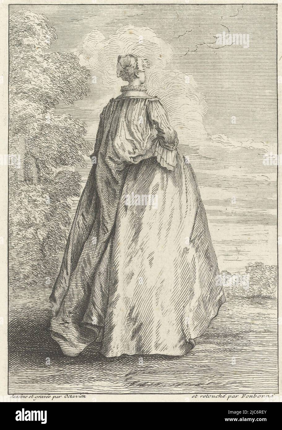 La dame debout, vue de derrière, se tourna légèrement vers la droite, habillée selon la mode française de 1725. Elle porte une « robe à la Watteau » qu'elle tient de derrière avec sa main droite. Sur la gauche un groupe d'arbres, mode et élégance: Français Fashions de la 1720s dame debout regardant sur le paysage chiffres français (titre de la série) Figures Françoises (titre de la série), imprimeur: François Octavien, (mentionné sur l'objet), François Octavien, (mentionné sur l'objet), imprimeur: Quiryn Fonbonne, (mentionné sur l'objet), Paris, 1725, papier, gravure, gravure, h 161 mm × l 110 mm Banque D'Images La dame debout, vue de derrière, se tourna légèrement vers la droite, habillée selon la mode française de 1725. Elle porte une « robe à la Watteau » qu'elle tient de derrière avec sa main droite. Sur la gauche un groupe d'arbres, mode et élégance: Français Fashions de la 1720s dame debout regardant sur le paysage chiffres français (titre de la série) Figures Françoises (titre de la série), imprimeur: François Octavien, (mentionné sur l'objet), François Octavien, (mentionné sur l'objet), imprimeur: Quiryn Fonbonne, (mentionné sur l'objet), Paris, 1725, papier, gravure, gravure, h 161 mm × l 110 mm Banque D'Images