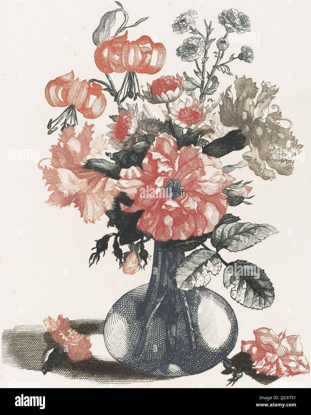 Cinq reproductions de fleurs dans des vases en verre vase en verre avec fleurs et devant le vase une branche avec fleur, imprimeur: Anonyme, Jean Baptiste Monnoyer, Johan Teyler, pays-Bas, 1688 - 1698, papier, gravure, h 207 mm × l 159 mm Banque D'Images