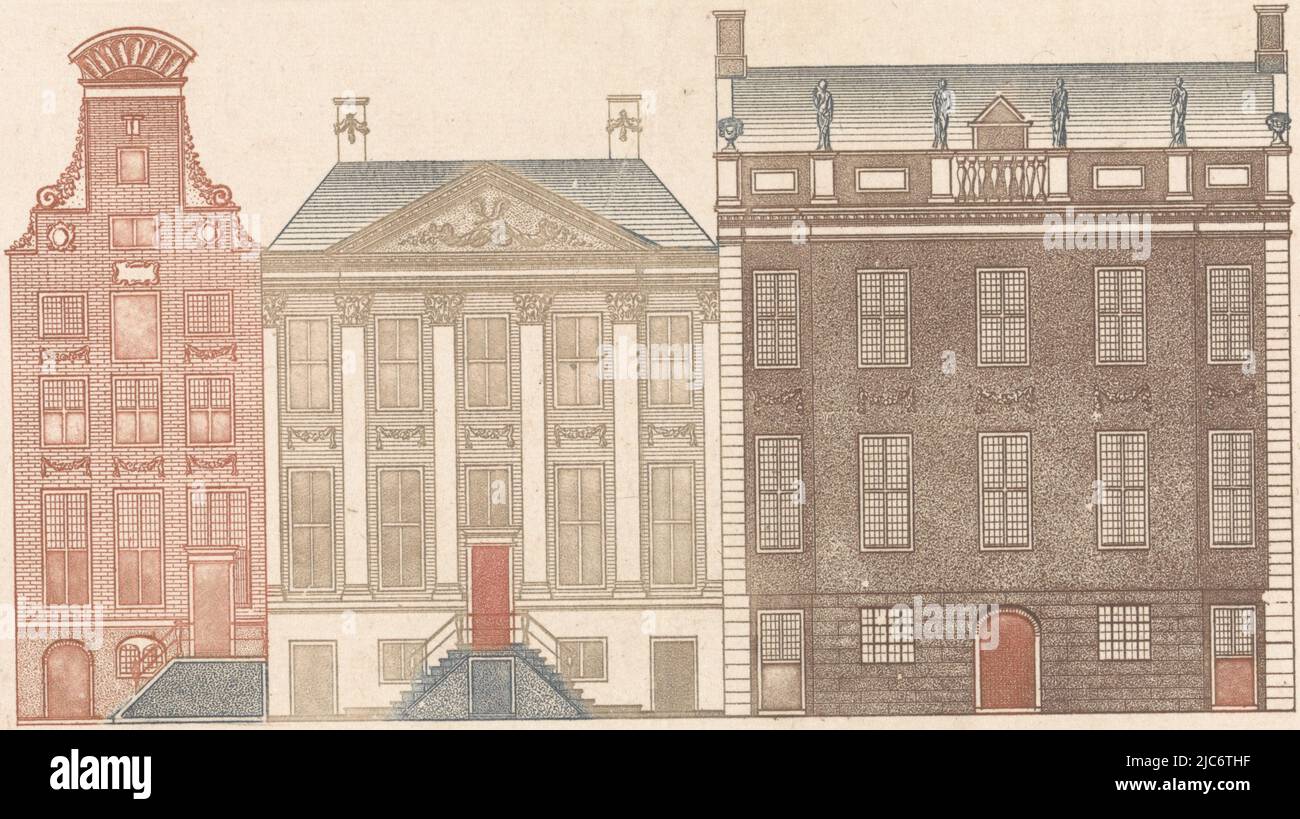 Gables of Amsterdam maisons du canal sur l'Herengracht 474-478., Amsterdam maisons du canal sur l'Herengracht 474-478 Hôtel de ville et maisons du canal à Amsterdam (titre de la série), imprimerie: Anonyme, éditeur: Cornelis Danckerts (II), Johan Teyler, Amsterdam, 1696 - 1706, papier, gravure, h 101 mm × l 252 mm Banque D'Images