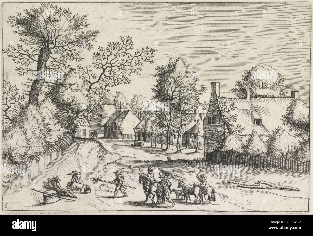 Plusieurs maisons et fermes le long d'une route. Dans le premier plan gauche un couple se reposant dans le bord. A côté d'eux un homme avec une lance et un cavalier, route du village avec un couple de repos petits paysages (titre de la série), imprimeur: Johannes de Lucas van Doetechum, Meester van de Kleine Landschappen, éditeur: Joannes Galle, Anvers, 1559 - 1561 et/ou 1610 - avant le 20-déc-1676, papier, gravure, h 135 mm × l 195 mm Banque D'Images