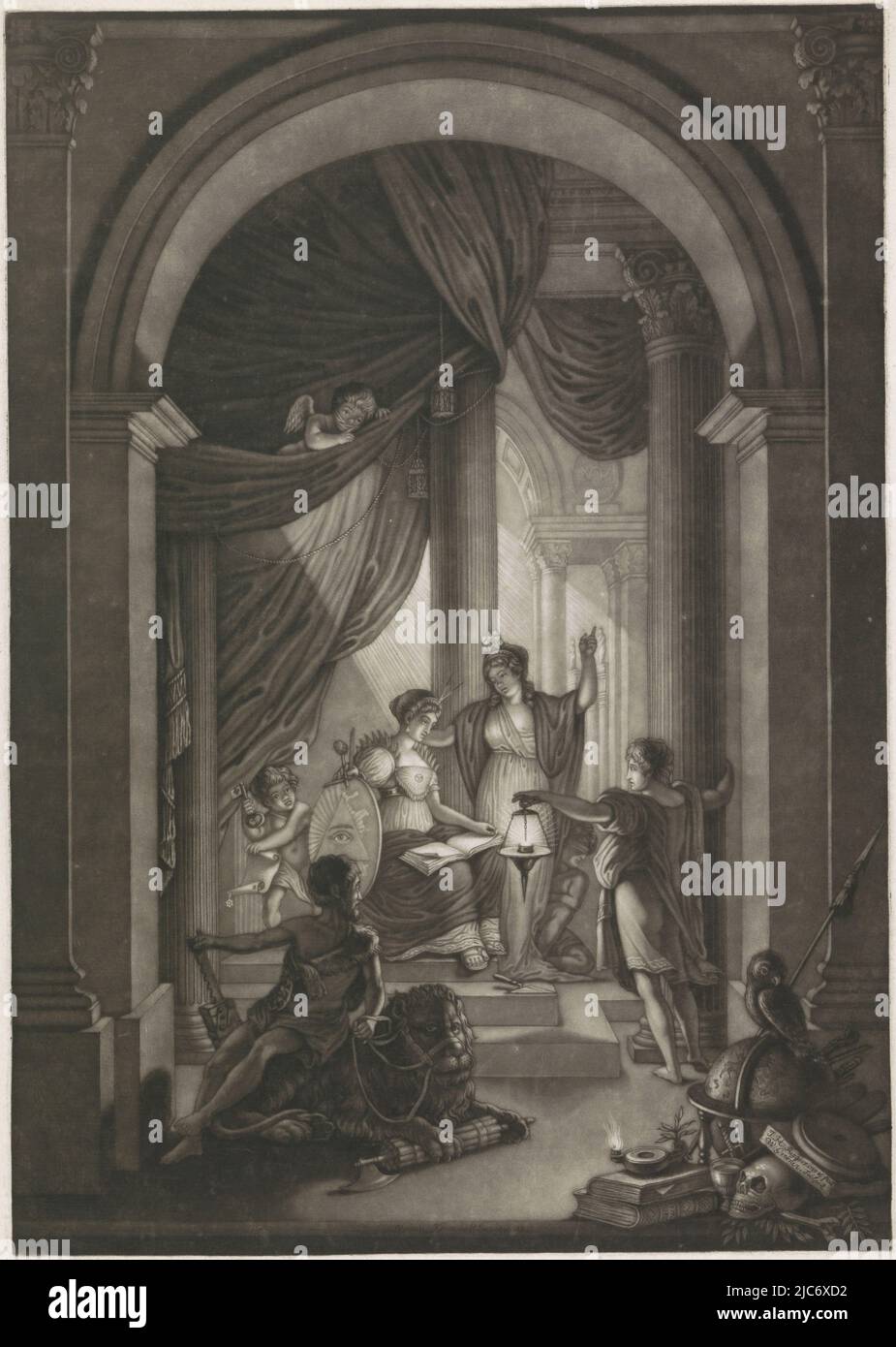 Le Temple de la sagesse avec deux figures allégoriques au centre représentant probablement la perfection divine. La femme assise a une boussole sur sa tête et tient dans sa main un carré et un bouclier sur lequel est l'oeil tout-voyant. Sur ses genoux est un livre. La femme debout a une étoile sur sa tête et pointe vers le haut. Derrière elle se trouve un homme agenouillé portant un bandeau. Amor est livré avec une clé et un rouleau de papier. Devant les femmes est un homme tenant une lampe et à leurs pieds est une truelle. Au premier plan, Hercules se trouve à l'arrière d'un lion avec une fasces. À côté d'elle un hibou avec une lance ( Banque D'Images