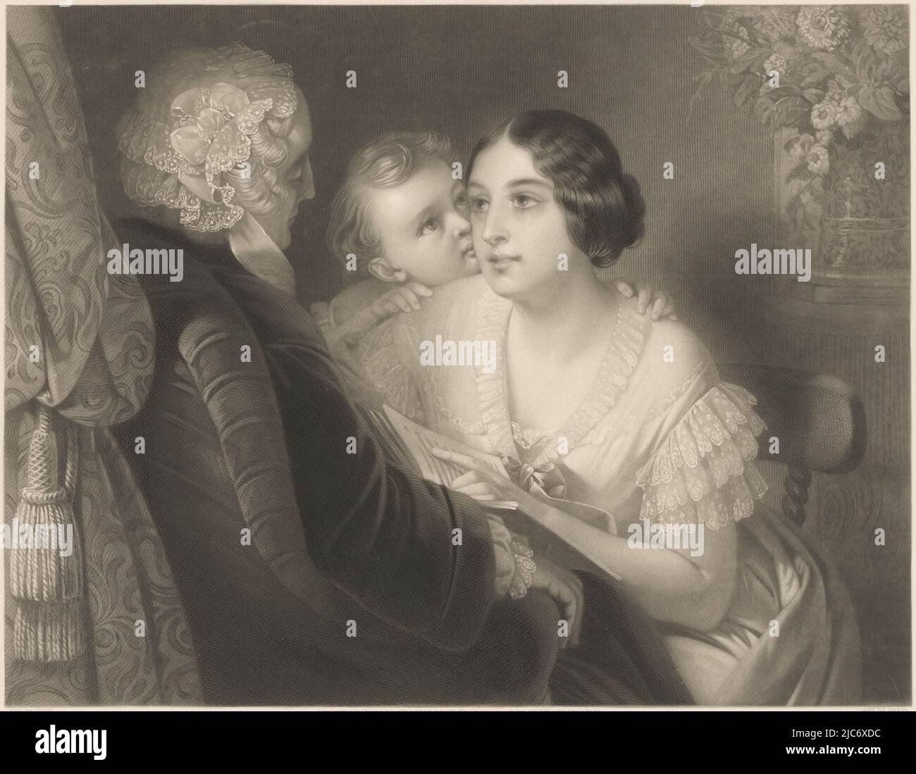 L'amour filial. Vers cl. M. Dubufe, avec l'adresse de Goupil, imprimeur: Hippolyte Louis Garnier, d'après: Claude Marie Dubufe, imprimeur: Goupil & Cie., France, 1812 - 1855, papier, gravure Banque D'Images