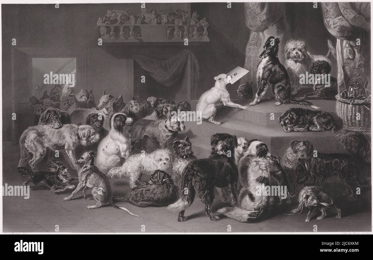 Beaucoup de chiens près d'une altitude, sur laquelle l'un d'eux offre une lettre à un autre chien. En arrière-plan un balcon avec des chiens, chiens offrant une lettre à la Reclamation , imprimerie: Johannes de Mare, (mentionné sur l'objet), dessinateur intermédiaire: Bernard te Gempt, (mentionné sur l'objet), éditeur: Vereeniging tot Bevordering van Beeldende Kunsten, (mentionné sur l'objet), Amsterdam, 1860 - 1879, papier, gravure, gravure, h 386 mm × l 528 mm Banque D'Images