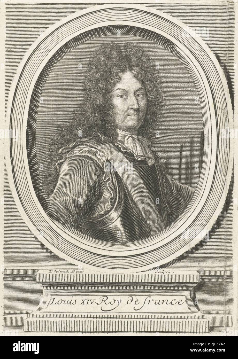 Portrait en buste du roi Louis XIV (1638-1715), illustré dans un cadre ovale, debout sur une console, Portrait de Louis XIV, imprimerie: Gerard Edelinck, (mentionné sur l'objet), France, 1666 - 1707, papier, gravure, h 133 mm × l 93 mm Banque D'Images