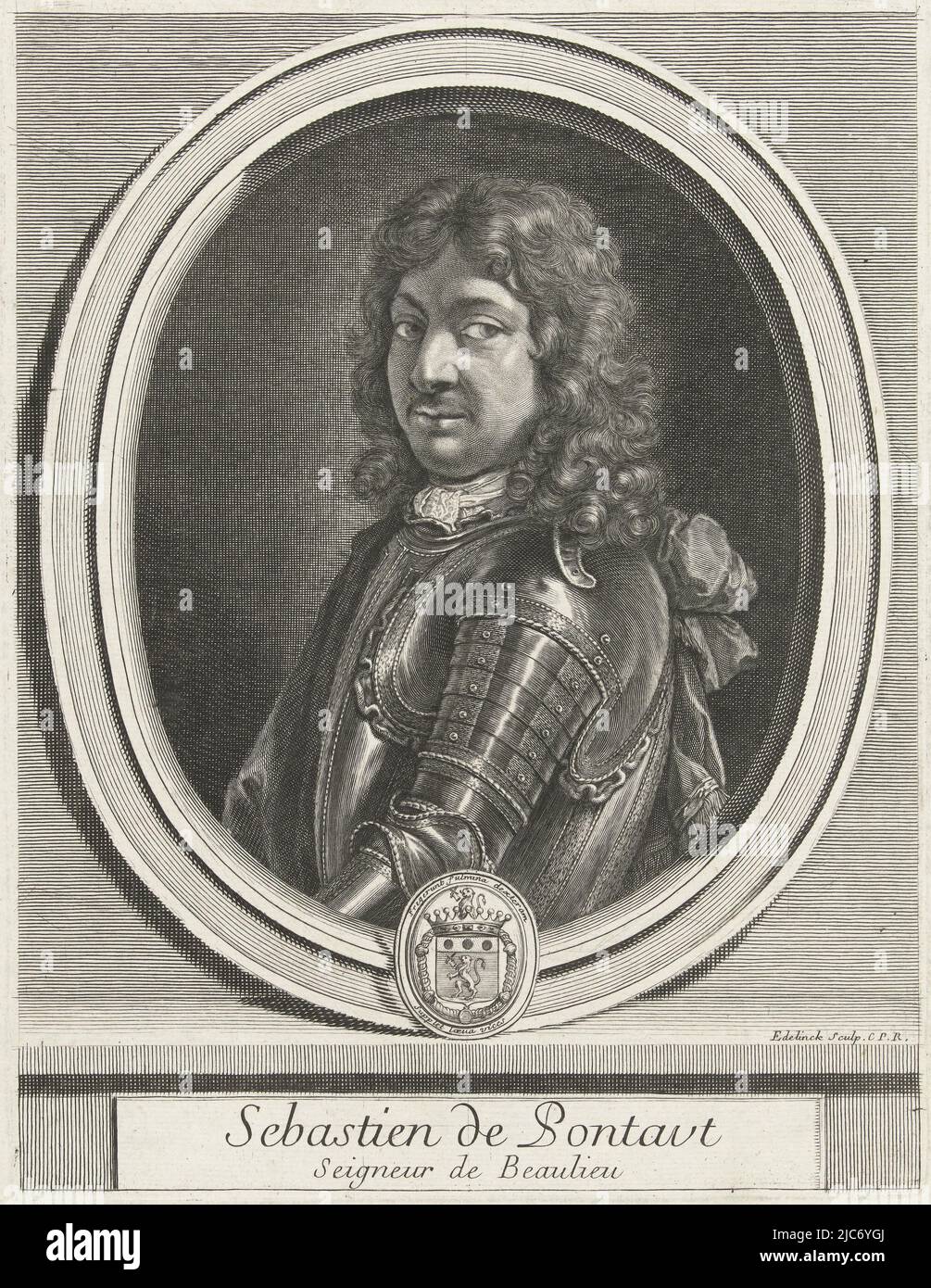 Portrait de Sébastien de Pontaut de Beaulieu, ingénieur militaire, représenté en armure, dans un cadre ovale portant ses armoiries., Portrait de Sébastien de Pontaut, imprimeur : Gerard Edelinck, (mentionné sur l'objet), Lodewijk XIV (koning van Frankrijk), (mentionné sur l'objet), imprimeur : Paris, France, 1666 - 1707, papier, gravure, h 249 mm × l 191 mm Banque D'Images