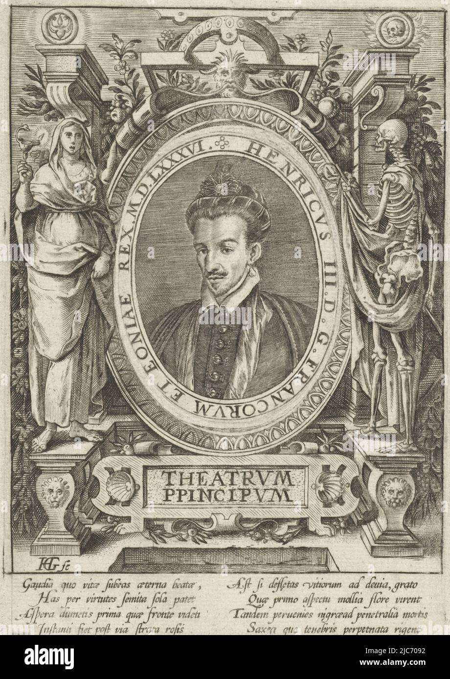 Cet imprimé est une combinaison de deux motifs. Le cadre servait à l'origine de page de titre de Goltzius pour une série composée de seize feuilles sur les vertus cardinales et les vices, dans cette impression le titre est remplacé par 'Theatrum Principum'. Dans l'ovale, une deuxième plaque est imprimée sur le papier : une copie en miroir, après le portrait d'Henri III, roi de France, gravé par Hieronymus Wierix en 1586., Theatrum Principium , imprimerie: Hendrick Goltzius, Hendrick Goltzius, imprimerie: Hieronymus Wierix, c. 1587 - c. 1620, papier, gravure, h 159 mm × l 110 mm Banque D'Images