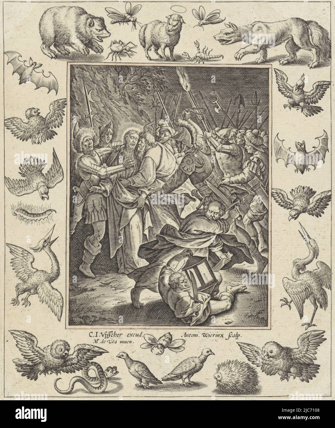 Judas embrasse le Christ sur la joue. Les soldats l'entourent et l'arrêtent. Peter est sur le point de couper l'oreille de Malchus. La scène est encadrée dans un cadre décoré de divers animaux et insectes et de l'Agneau sacré, Judas Kiss et arrestation de Christ passion of Christ (titre de la série), scénographe: Antonie Wierix (II), (mentionné sur l'objet), Maerten de Vos, (mentionné sur l'objet), éditeur: Claes Jansz. Visscher (II), (mentionné sur l'objet), imprimerie: Anvers, éditeur: Amsterdam, 1582 - 1586, papier, gravure, h 189 mm × l 157 mm Banque D'Images