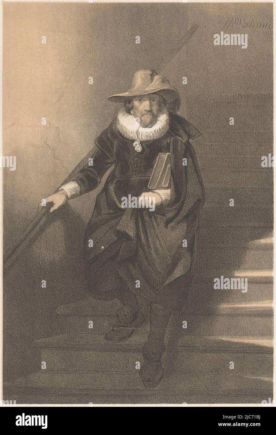 L'homme porte un chapeau avec une large visière. Il tient son manteau et  porte deux livres sous son bras gauche. Homme descendant les escaliers,  imprimeur: Anonyme, Willem Hendrik Schmidt, (mentionné sur l'objet),