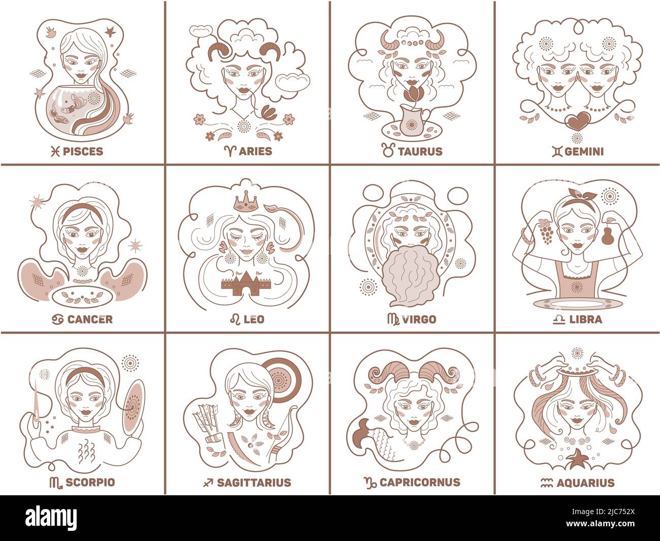 Ensemble vectoriel de signes zodiaques, femmes de ménage, constellations de couleur dorée sur fond blanc. Logo, tatouage ou illustration. Prévisions astrologiques Banque D'Images