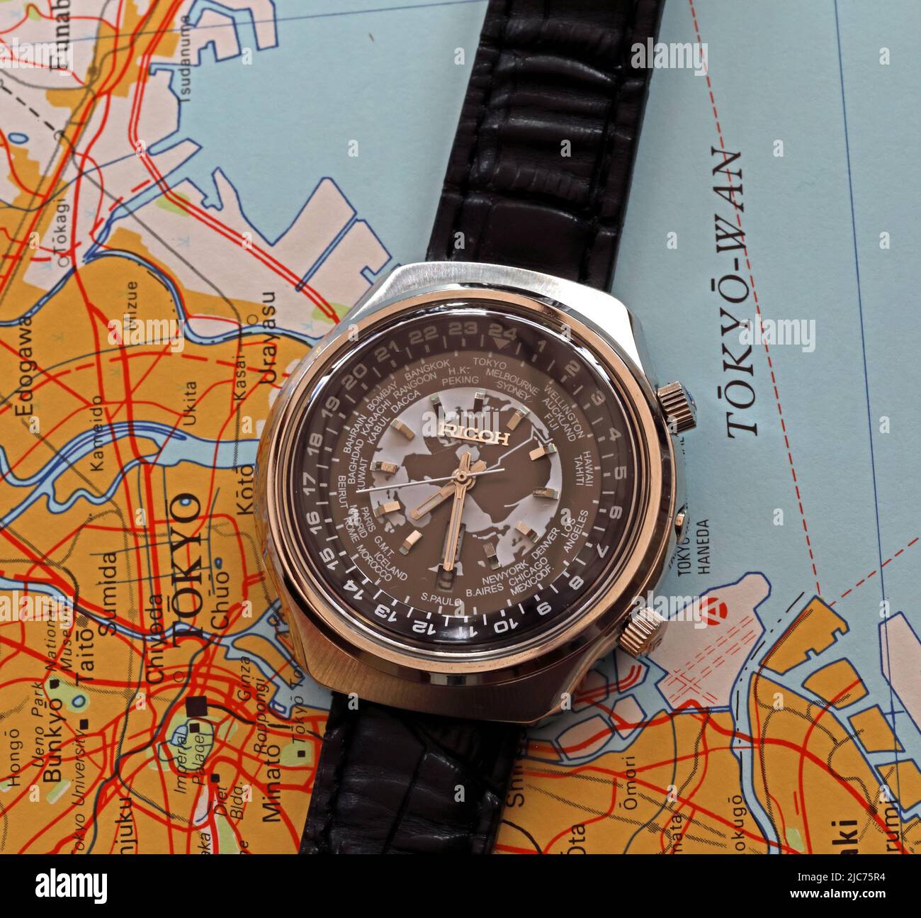 Ricoh worldtime Watch, automatique, fabriqué au Japon, 1960s et 1970s, Ota, Tokyo, Japon Banque D'Images
