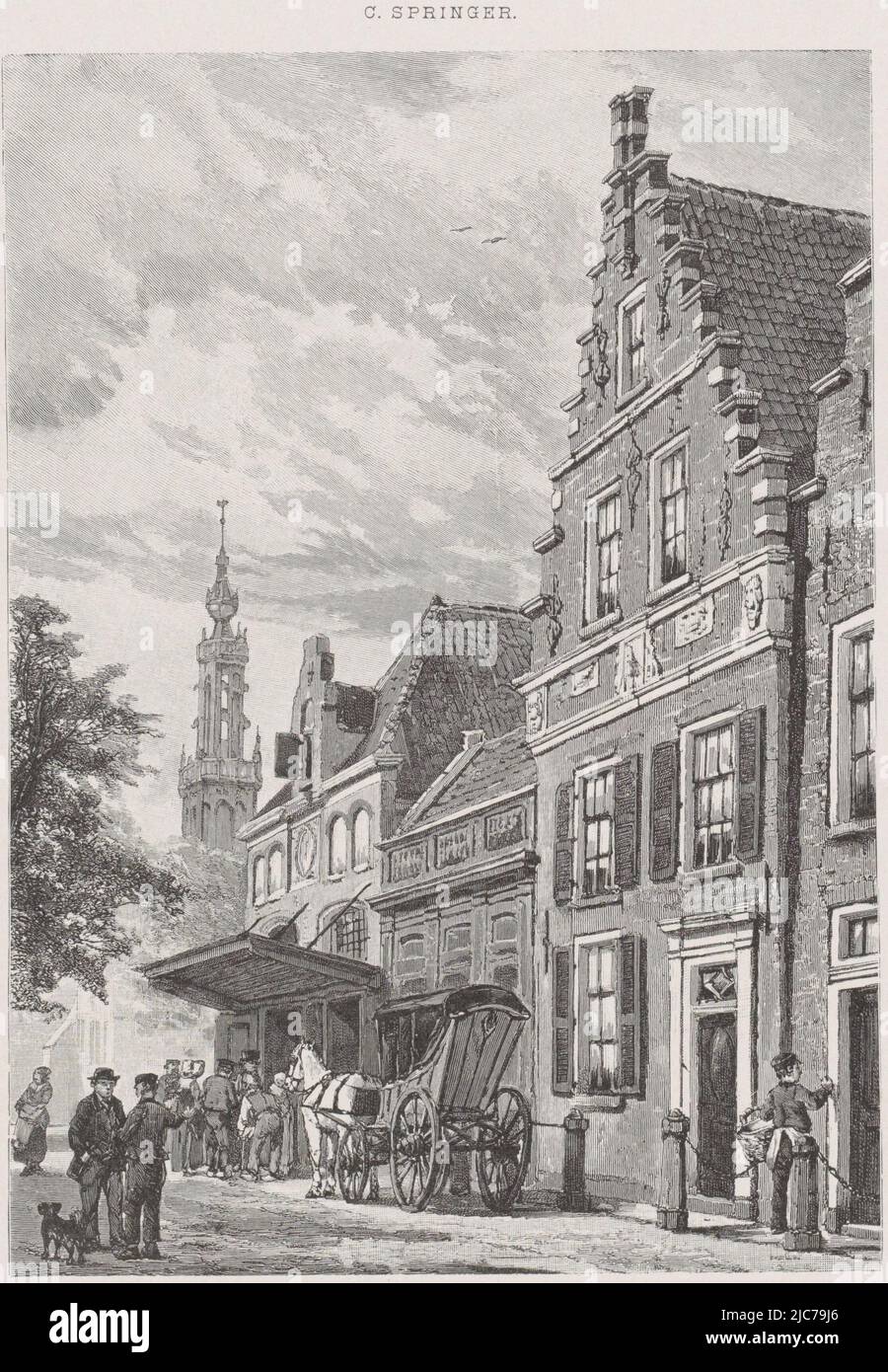Un chariot vide se tient devant un magasin avec un auvent et un certain nombre de chiffres alignés. À gauche, deux hommes sont en conversation. Sur la droite, un homme sonne la sonnette d'une maison. En arrière-plan une tour d'église, le marché du fromage à Edam , imprimerie: Emil Ost, Cornelis Springer, (mentionné sur l'objet), Belgique, 1856 - 1946, papier, h 502 mm × l 333 mm Banque D'Images Un chariot vide se tient devant un magasin avec un auvent et un certain nombre de chiffres alignés. À gauche, deux hommes sont en conversation. Sur la droite, un homme sonne la sonnette d'une maison. En arrière-plan une tour d'église, le marché du fromage à Edam , imprimerie: Emil Ost, Cornelis Springer, (mentionné sur l'objet), Belgique, 1856 - 1946, papier, h 502 mm × l 333 mm Banque D'Images
