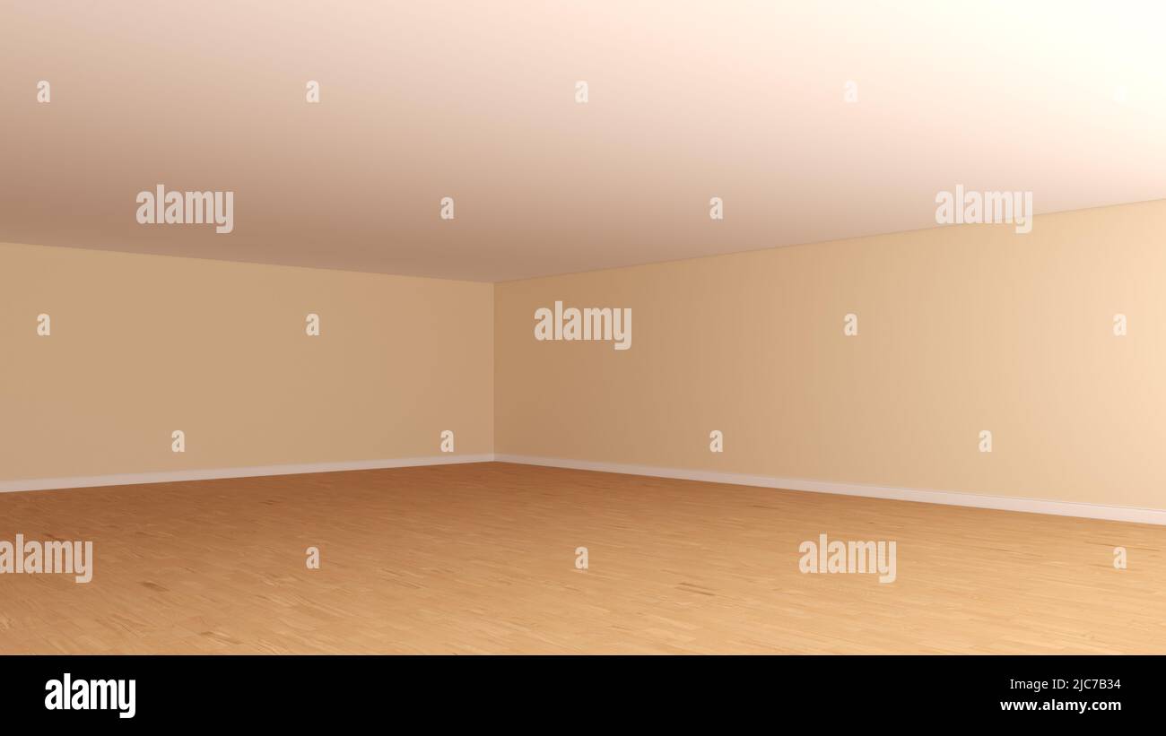Coin intérieur non meublé avec murs beige, plafond blanc, parquet clair et Plinth blanc. Concept de l'intérieur de la chambre vide. Vue en perspective. 3D rendu, Ultra HD 8K, 7680x4320, 300 dpi Banque D'Images