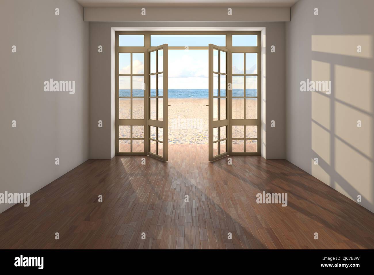 Chambre vide avec vue sur la mer près de la plage. Intérieur vide avec portes ouvertes donnant sur l'océan, le sable jaune et les nuages. Parquet sombre et murs en stuc beige. rendu 3D, 8K Ultra HD, 7680 x 5121 Banque D'Images