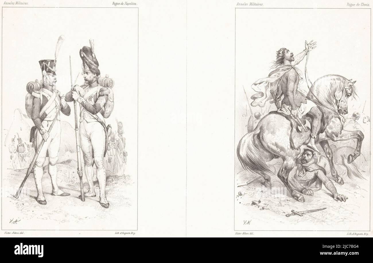 A gauche, un grenadier et un fusilier de la Garde impériale. Sur la droite, le roi Clovis à cheval pendant la bataille de Tolbiac, tout en invoquant le Dieu de sa femme Clothildis, deux représentations montrant des fantassins de la Garde impériale et le roi Clovis à cheval Ann, imprimeuse: Victor Adam, (mentionné sur l'objet), imprimeur: Auguste Bry, (mentionné sur l'objet), Paris, 1830 - 1880, papier, h 271 mm × l 356 mm Banque D'Images