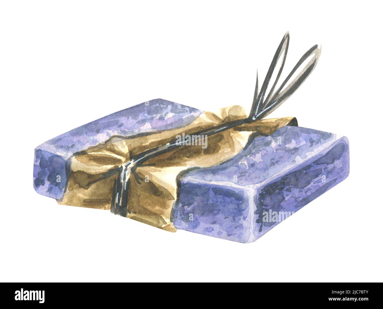 Un morceau de savon fait à la main enveloppé dans du papier kraft et attaché avec une corde. Illustration aquarelle. Un objet isolé d'un grand ensemble de spa Lavender. Pour Banque D'Images