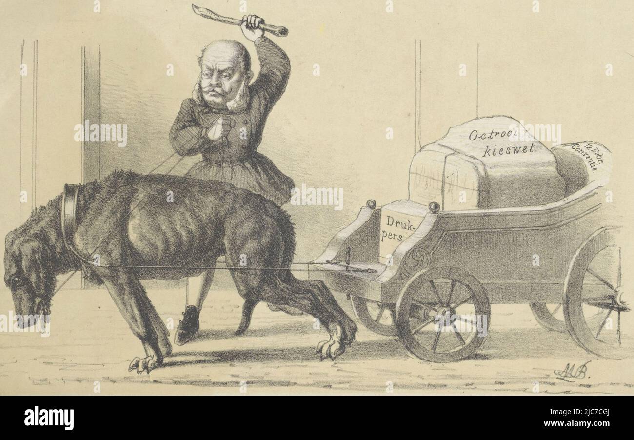 Un chariot, tiré par un chien noir, est chargé de paquets. On y trouve les mots: Imprimerie, loi électorale des brevets et convention de 12 février. Le chien a sa langue pendante de sa bouche et est chassé par l'homme avec un fouet. Caricature sur la loi sur les brevets et l'imprimerie, imprimerie: Maarten Bos Jz., (mentionné sur l'objet), pays-Bas, 1841 - 1902, papier, h 131 mm - l 202 mm, h 262 mm - l 216 mm Banque D'Images