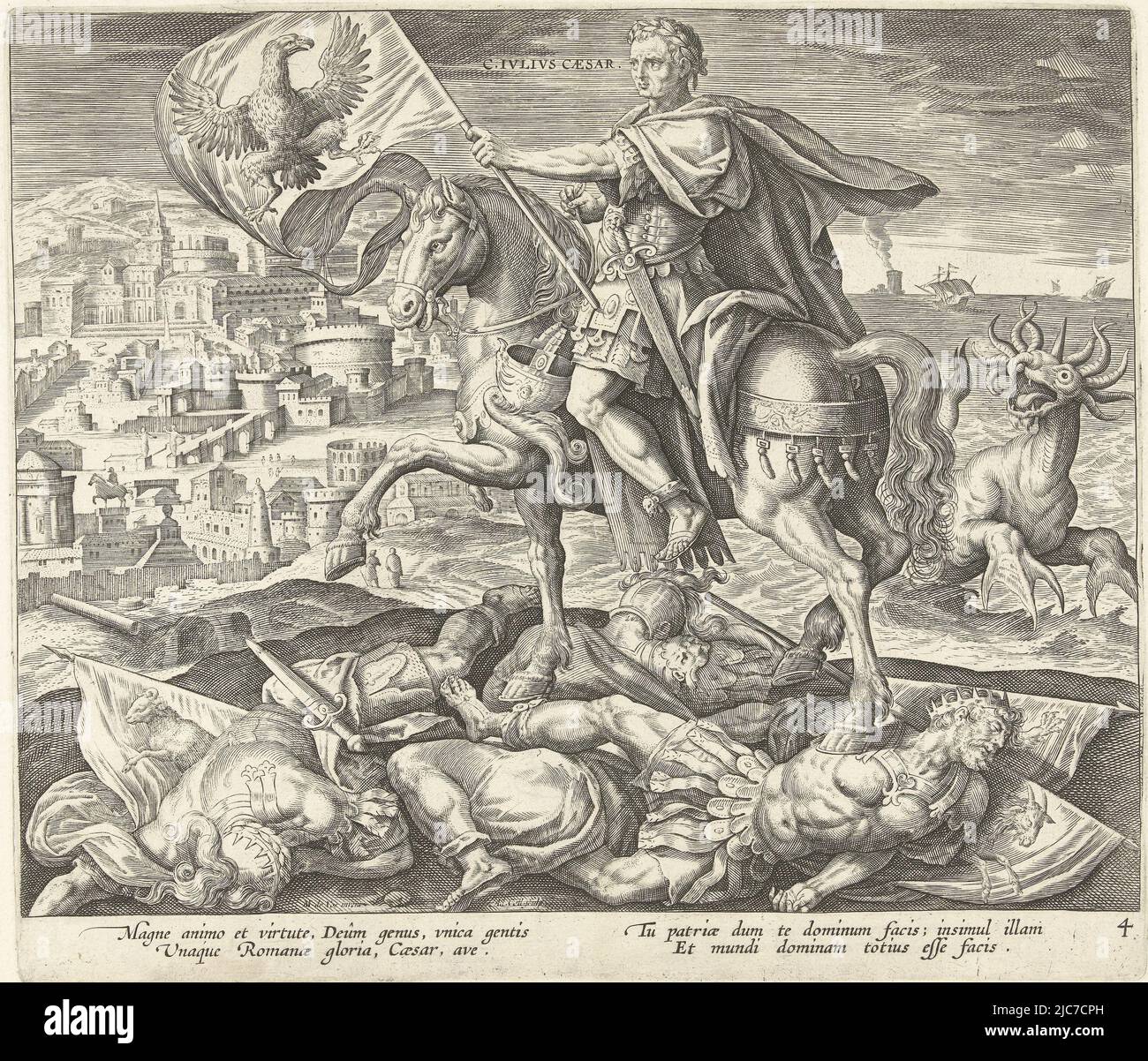 Jules César à cheval, dans sa main un drapeau représentant un aigle (Rome). Le cheval piétinera le roi Cyrus de Perse, Ninus de Babylonia et Alexandre le Grand. En arrière-plan un paysage urbain. A côté de Jules César, un monstre à plusieurs cornes émerge de la mer, une référence à un rêve de Daniel (Daniel 7) sur la montée de quatre royaumes dans le monde. L'imprimé a une légende latine et fait partie d'une série en quatre parties qui relait quatre règles de l'antiquité aux prédictions de Daniel, Julius Caesar comme le quatrième roi de l'ascension de vision de Daniel de quatre royaumes du monde et quatre dirigeants de la vision de Daniel , imprimer Banque D'Images
